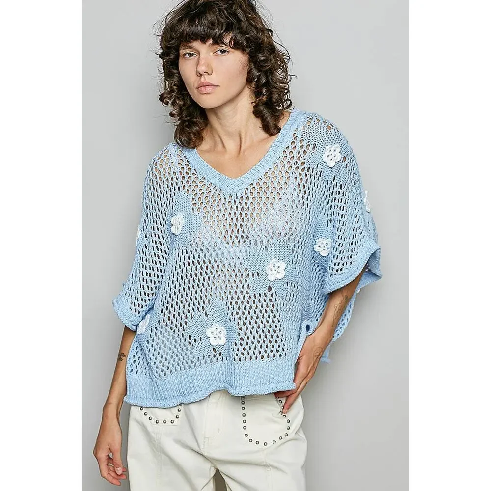 "Bloomin' Filly" Floral Patch Open Sweater Top Black - Picture 4 of 16